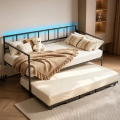 VEVOR Twin Daybed with Pop Up Trundle Metal Charging Station LED Light, for Living Room Bedroom Guest Room, Heavy Duty Twin Size Sofa Day Bed Frame, Height Adjustable, with Lockable Casters, Black