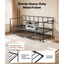 VEVOR Twin Daybed with Pop Up Trundle Metal Charging Station LED Light, for Living Room Bedroom Guest Room, Heavy Duty Twin Size Sofa Day Bed Frame, Height Adjustable, with Lockable Casters, Black
