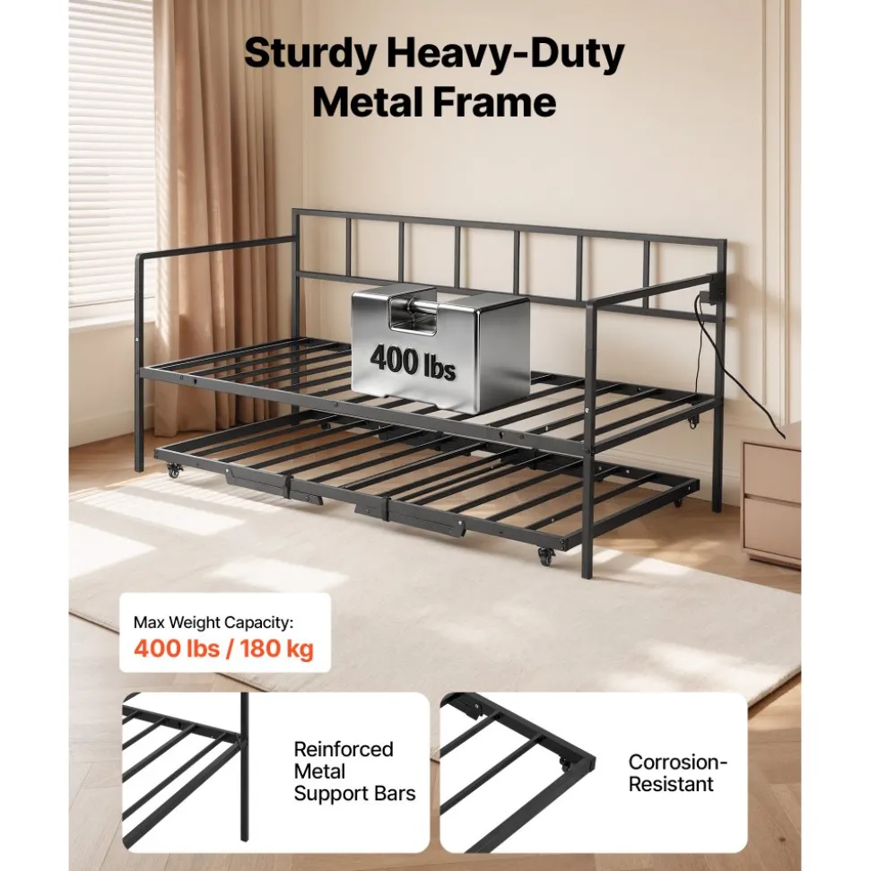 VEVOR Twin Daybed with Pop Up Trundle Metal Charging Station LED Light, for Living Room Bedroom Guest Room, Heavy Duty Twin Size Sofa Day Bed Frame, Height Adjustable, with Lockable Casters, Black