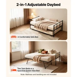 VEVOR Twin Daybed with Pop Up Trundle Metal Twin Daybed Frame Rectangular, for Living Room Bedroom Guest Room, Space Saving, Heavy-Duty Metal Sofa Bed Support, 2 Lockable Casters, Easy Assembly, Black