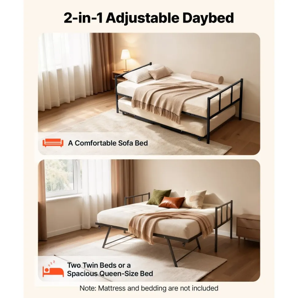VEVOR Twin Daybed with Pop Up Trundle Metal Twin Daybed Frame Rectangular, for Living Room Bedroom Guest Room, Space Saving, Heavy-Duty Metal Sofa Bed Support, 2 Lockable Casters, Easy Assembly, Black