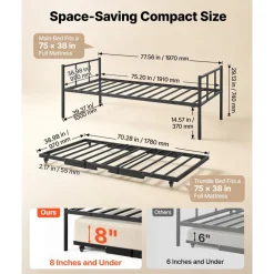 VEVOR Twin Daybed with Pop Up Trundle Metal Twin Daybed Frame Rectangular, for Living Room Bedroom Guest Room, Space Saving, Heavy-Duty Metal Sofa Bed Support, 2 Lockable Casters, Easy Assembly, Black