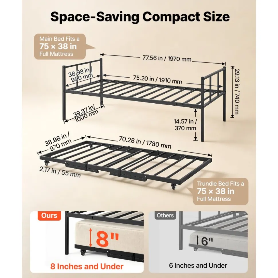 VEVOR Twin Daybed with Pop Up Trundle Metal Twin Daybed Frame Rectangular, for Living Room Bedroom Guest Room, Space Saving, Heavy-Duty Metal Sofa Bed Support, 2 Lockable Casters, Easy Assembly, Black