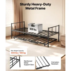 VEVOR Twin Daybed with Pop Up Trundle Metal Twin Daybed Frame Rectangular, for Living Room Bedroom Guest Room, Space Saving, Heavy-Duty Metal Sofa Bed Support, 2 Lockable Casters, Easy Assembly, Black