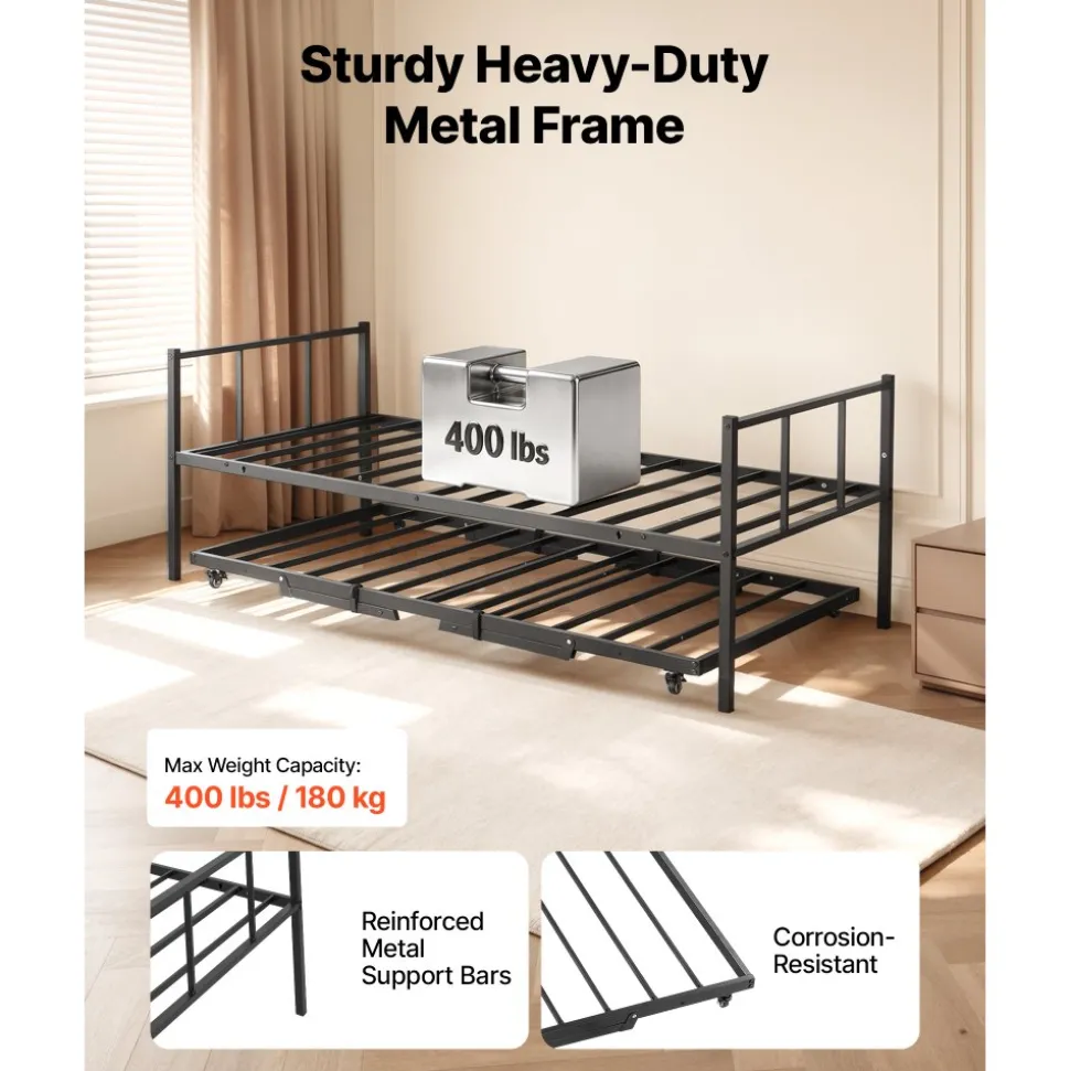 VEVOR Twin Daybed with Pop Up Trundle Metal Twin Daybed Frame Rectangular, for Living Room Bedroom Guest Room, Space Saving, Heavy-Duty Metal Sofa Bed Support, 2 Lockable Casters, Easy Assembly, Black