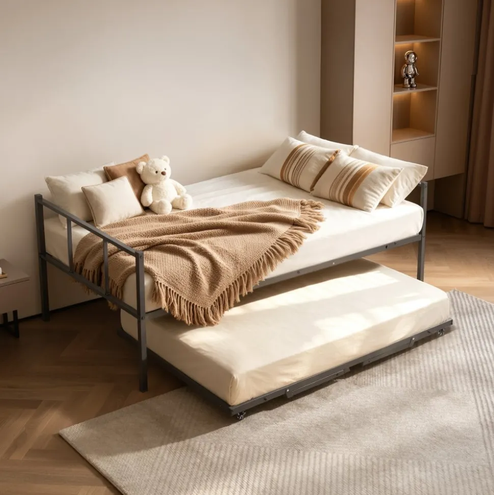 VEVOR Twin Daybed with Pop Up Trundle Metal Twin Daybed Frame Rectangular, for Living Room Bedroom Guest Room, Space Saving, Heavy-Duty Metal Sofa Bed Support, 2 Lockable Casters, Easy Assembly, Black