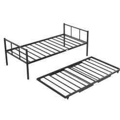 VEVOR Twin Daybed with Pop Up Trundle Metal Twin Daybed Frame Rectangular, for Living Room Bedroom Guest Room, Space Saving, Heavy-Duty Metal Sofa Bed Support, 2 Lockable Casters, Easy Assembly, Black