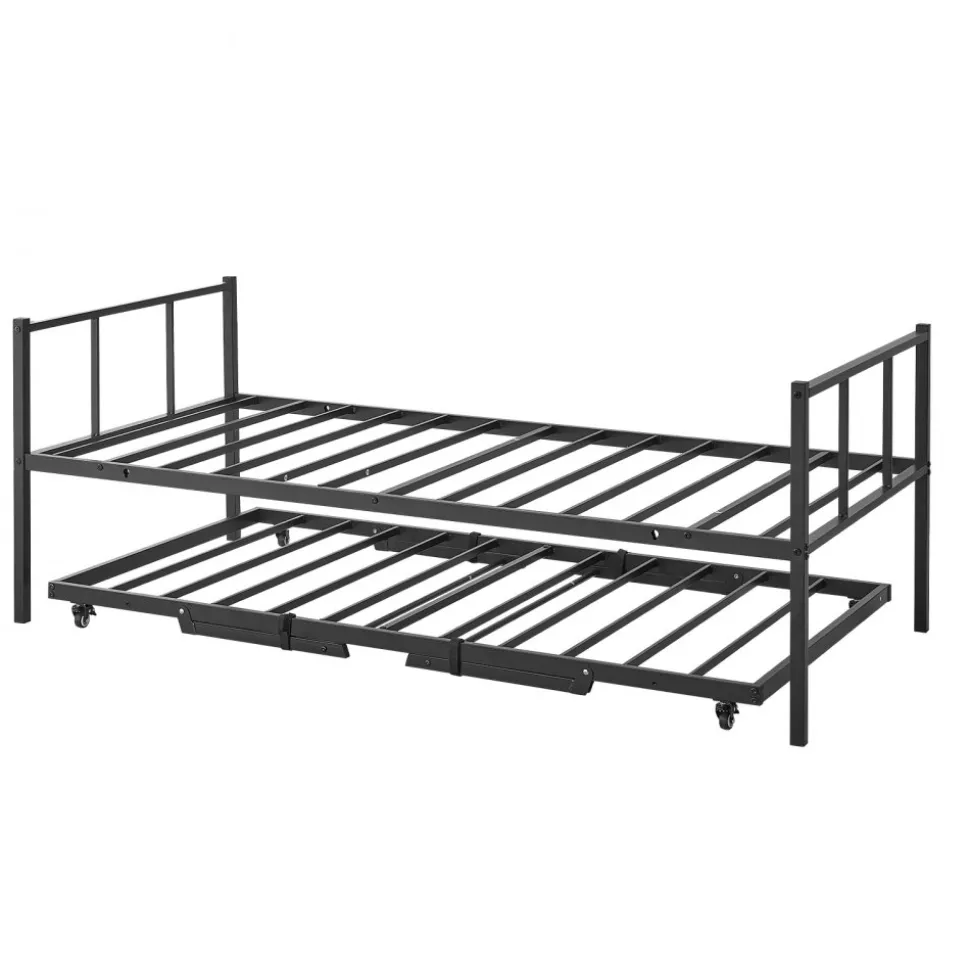 VEVOR Twin Daybed with Pop Up Trundle Metal Twin Daybed Frame Rectangular, for Living Room Bedroom Guest Room, Space Saving, Heavy-Duty Metal Sofa Bed Support, 2 Lockable Casters, Easy Assembly, Black