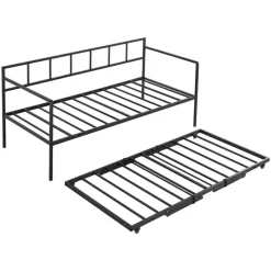 VEVOR Twin Daybed with Pop Up Trundle Metal Twin Day Bed Frame Pull Out, for Living Room Bedroom Guest Room, Space Saving, Heavy-Duty Metal Sofa Bed Support, Lockable Casters, Easy Assembly, Black