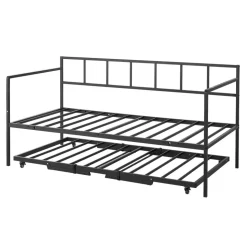 VEVOR Twin Daybed with Pop Up Trundle Metal Twin Day Bed Frame Pull Out, for Living Room Bedroom Guest Room, Space Saving, Heavy-Duty Metal Sofa Bed Support, Lockable Casters, Easy Assembly, Black