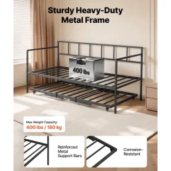 VEVOR Twin Daybed with Pop Up Trundle Metal Twin Day Bed Frame Pull Out, for Living Room Bedroom Guest Room, Space Saving, Heavy-Duty Metal Sofa Bed Support, Lockable Casters, Easy Assembly, Black