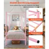 VEVOR Twin Size Canopy Bed Frame, Metal Canopy Bed with Minimalist Headboard & Four Posters Design, Heavy Duty Steel Slats Support, Underbed Storage Space, No Box Spring Needed, Easy Assembly, Pink