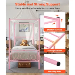 VEVOR Twin Size Canopy Bed Frame, Metal Canopy Bed with Minimalist Headboard & Four Posters Design, Heavy Duty Steel Slats Support, Underbed Storage Space, No Box Spring Needed, Easy Assembly, Pink