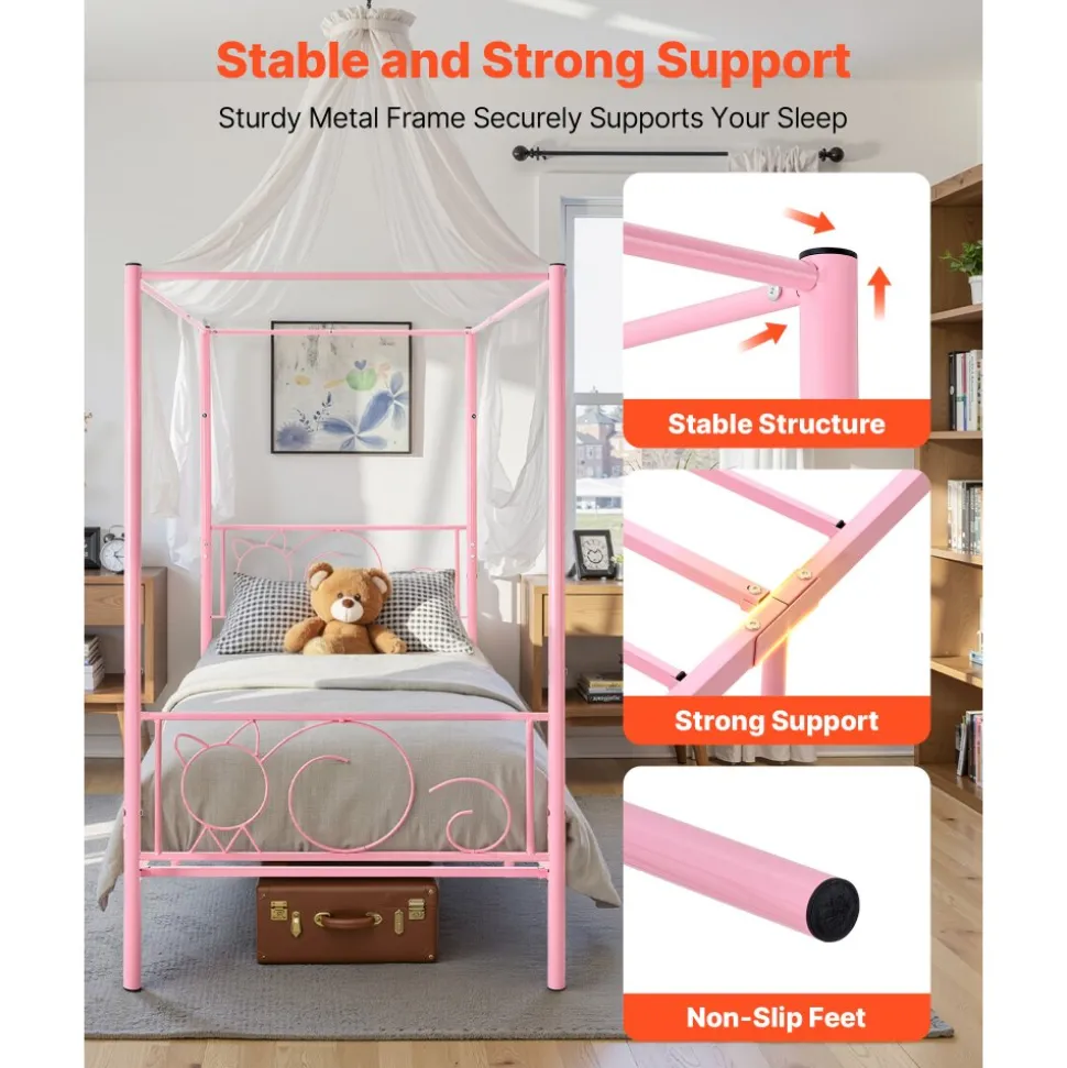 VEVOR Twin Size Canopy Bed Frame, Metal Canopy Bed with Minimalist Headboard & Four Posters Design, Heavy Duty Steel Slats Support, Underbed Storage Space, No Box Spring Needed, Easy Assembly, Pink