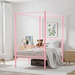 VEVOR Twin Size Canopy Bed Frame, Metal Canopy Bed with Minimalist Headboard & Four Posters Design, Heavy Duty Steel Slats Support, Underbed Storage Space, No Box Spring Needed, Easy Assembly, Pink