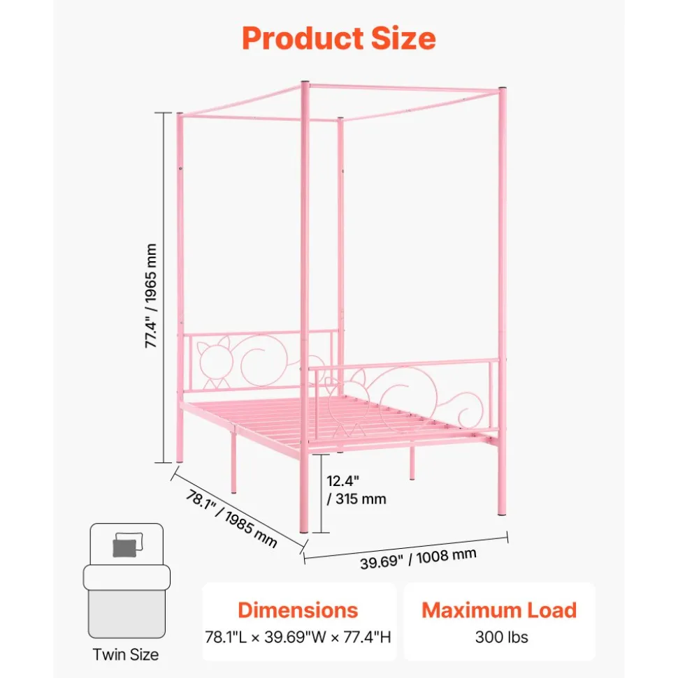 VEVOR Twin Size Canopy Bed Frame, Metal Canopy Bed with Minimalist Headboard & Four Posters Design, Heavy Duty Steel Slats Support, Underbed Storage Space, No Box Spring Needed, Easy Assembly, Pink