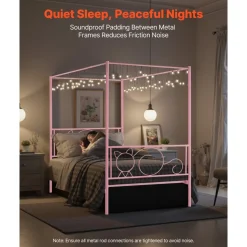 VEVOR Twin Size Canopy Bed Frame, Metal Canopy Bed with Minimalist Headboard & Four Posters Design, Heavy Duty Steel Slats Support, Underbed Storage Space, No Box Spring Needed, Easy Assembly, Pink