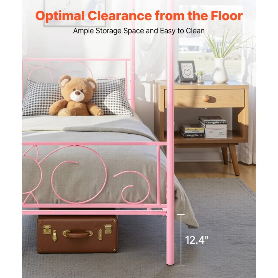 VEVOR Twin Size Canopy Bed Frame, Metal Canopy Bed with Minimalist Headboard & Four Posters Design, Heavy Duty Steel Slats Support, Underbed Storage Space, No Box Spring Needed, Easy Assembly, Pink