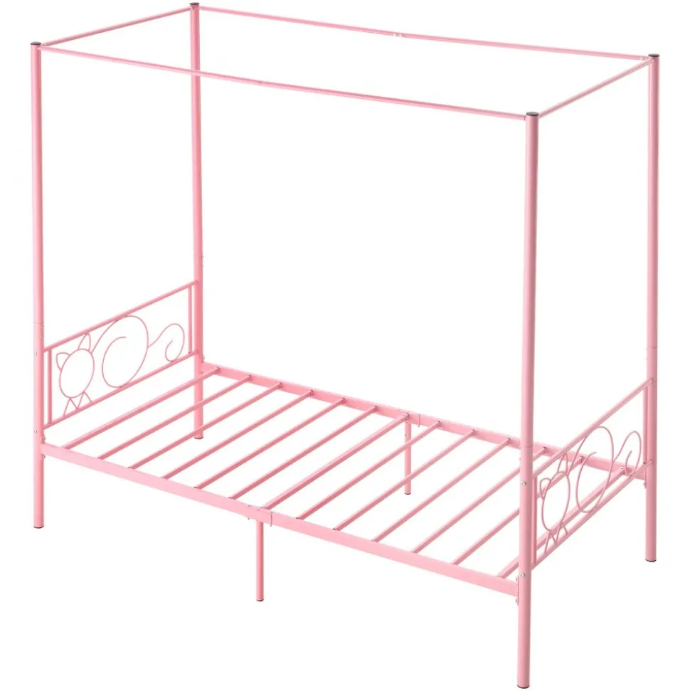 VEVOR Twin Size Canopy Bed Frame, Metal Canopy Bed with Minimalist Headboard & Four Posters Design, Heavy Duty Steel Slats Support, Underbed Storage Space, No Box Spring Needed, Easy Assembly, Pink