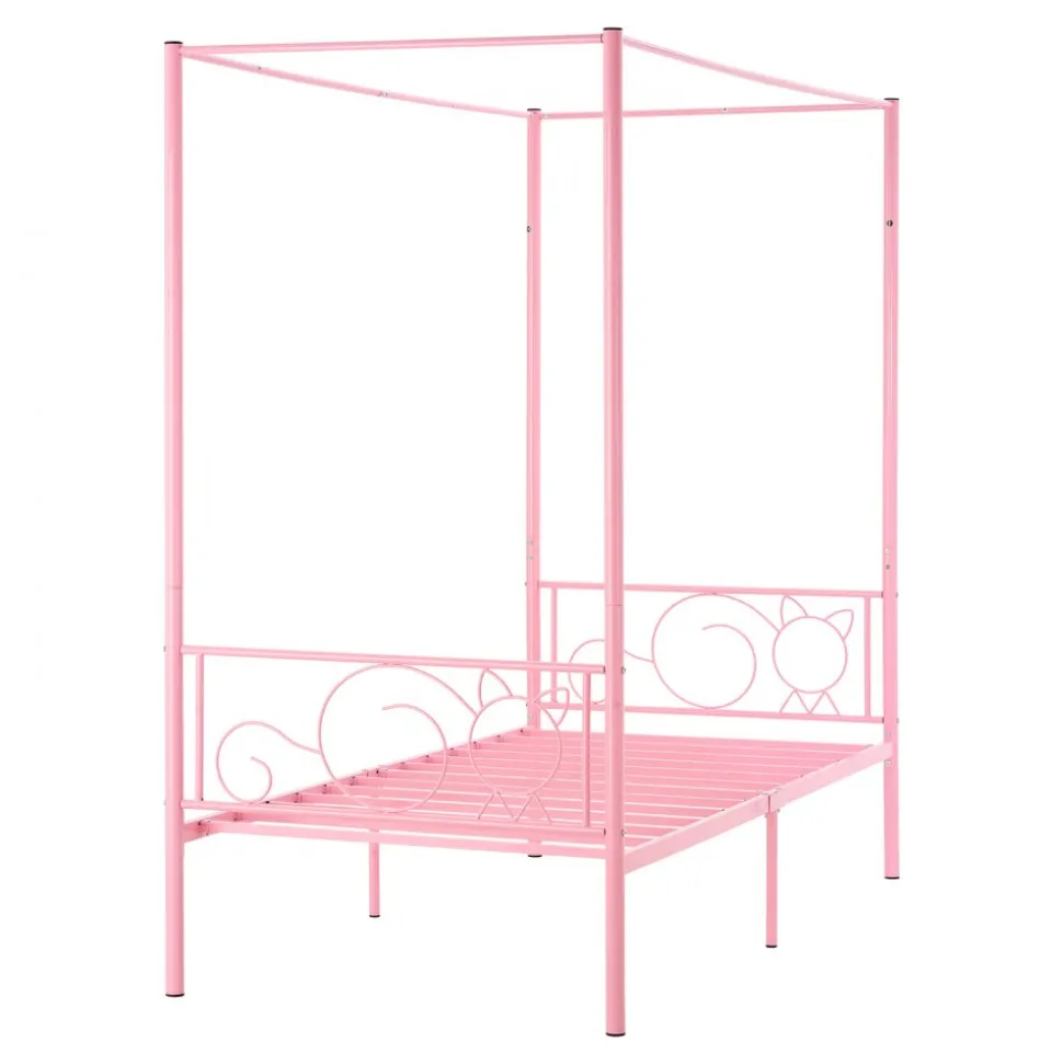 VEVOR Twin Size Canopy Bed Frame, Metal Canopy Bed with Minimalist Headboard & Four Posters Design, Heavy Duty Steel Slats Support, Underbed Storage Space, No Box Spring Needed, Easy Assembly, Pink