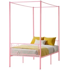 VEVOR Twin Size Canopy Bed Frame, Metal Canopy Bed with Minimalist Headboard & Four Posters Design, Heavy Duty Steel Slats Support, Underbed Storage Space, No Box Spring Needed, Easy Assembly, Pink