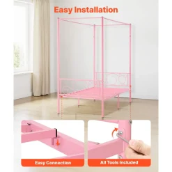 VEVOR Twin Size Canopy Bed Frame, Metal Canopy Bed with Minimalist Headboard & Four Posters Design, Heavy Duty Steel Slats Support, Underbed Storage Space, No Box Spring Needed, Easy Assembly, Pink