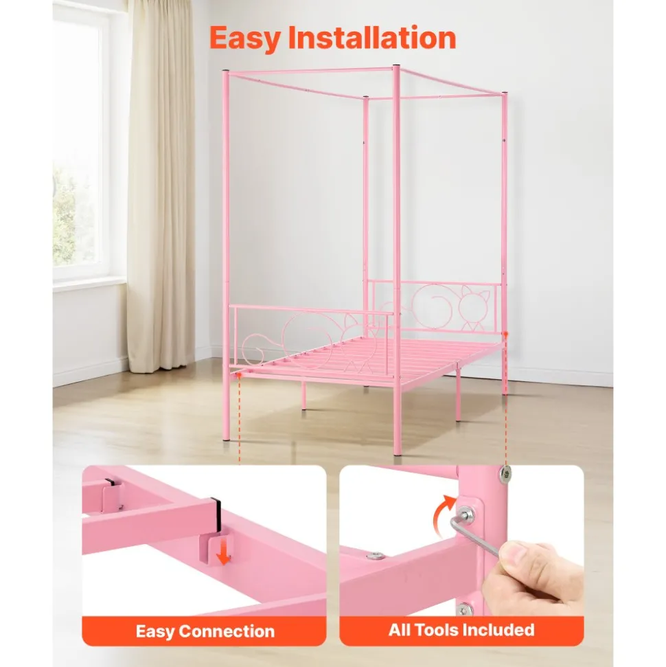VEVOR Twin Size Canopy Bed Frame, Metal Canopy Bed with Minimalist Headboard & Four Posters Design, Heavy Duty Steel Slats Support, Underbed Storage Space, No Box Spring Needed, Easy Assembly, Pink