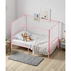 VEVOR Twin Size Canopy Bed Frame, Metal Canopy Bed with Minimalist Headboard & Four Posters Design, Heavy Duty Steel Slats Support, Underbed Storage Space, No Box Spring Needed, Easy Assembly, Pink