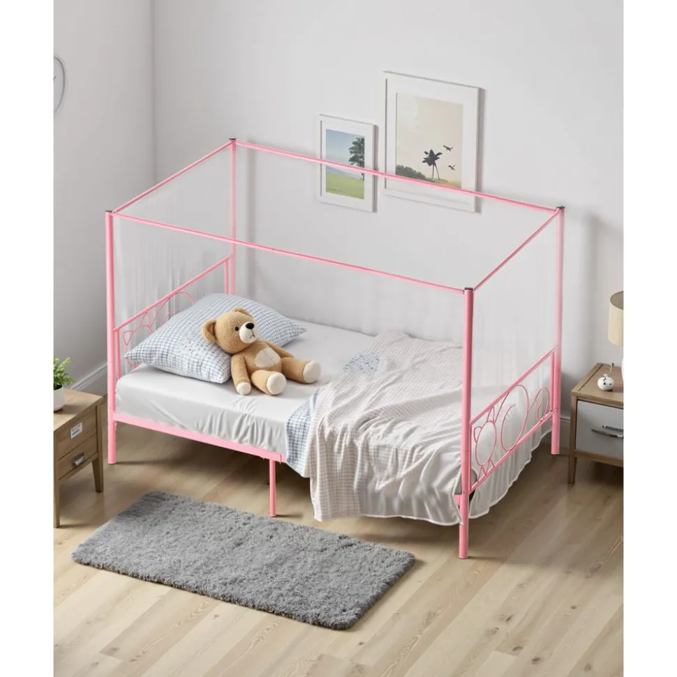 VEVOR Twin Size Canopy Bed Frame, Metal Canopy Bed with Minimalist Headboard & Four Posters Design, Heavy Duty Steel Slats Support, Underbed Storage Space, No Box Spring Needed, Easy Assembly, Pink