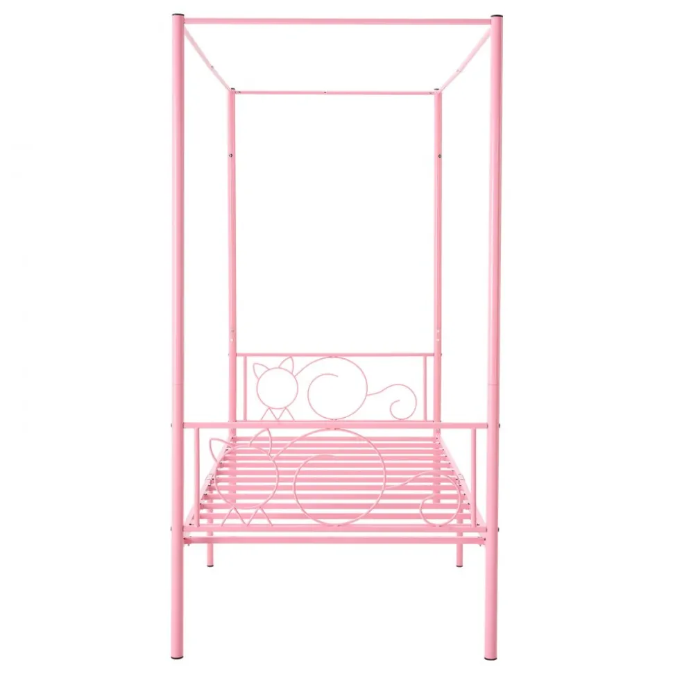 VEVOR Twin Size Canopy Bed Frame, Metal Canopy Bed with Minimalist Headboard & Four Posters Design, Heavy Duty Steel Slats Support, Underbed Storage Space, No Box Spring Needed, Easy Assembly, Pink