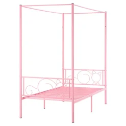 VEVOR Twin Size Canopy Bed Frame, Metal Canopy Bed with Minimalist Headboard & Four Posters Design, Heavy Duty Steel Slats Support, Underbed Storage Space, No Box Spring Needed, Easy Assembly, Pink