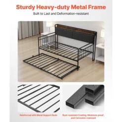 VEVOR Twin Size Daybed Frame, Day Bed with Trundle, Heavy Duty Metal Platform Bed Frame with Charging Station, Twin Daybed with Metal Slats Support for Living Room, Bedroom, Guest Room, Easy Assembly