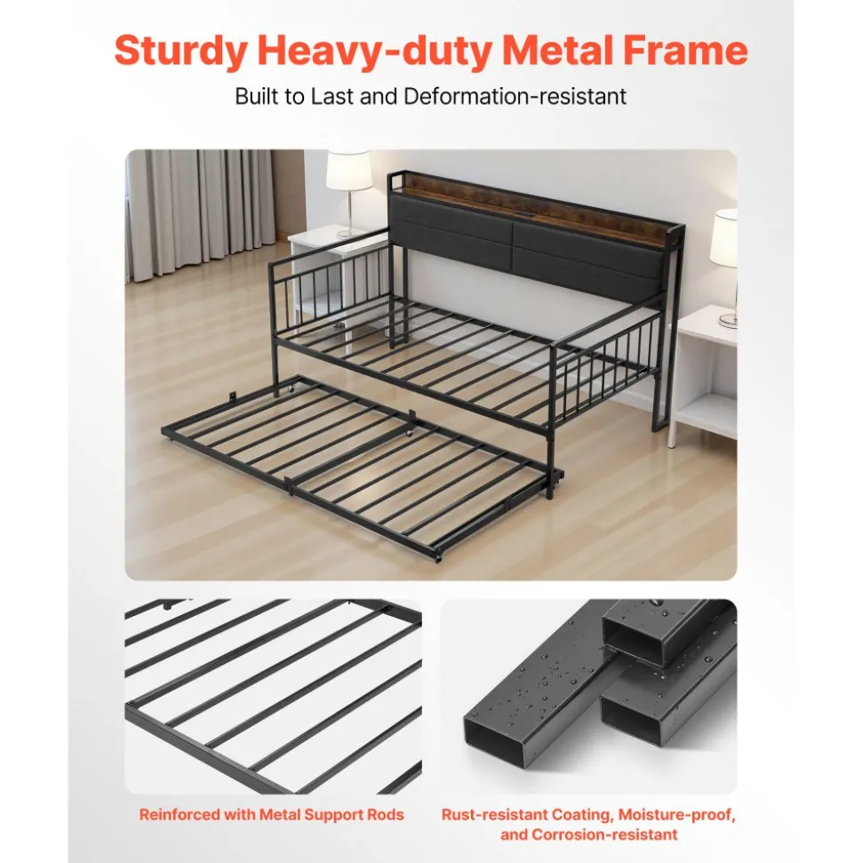 VEVOR Twin Size Daybed Frame, Day Bed with Trundle, Heavy Duty Metal Platform Bed Frame with Charging Station, Twin Daybed with Metal Slats Support for Living Room, Bedroom, Guest Room, Easy Assembly