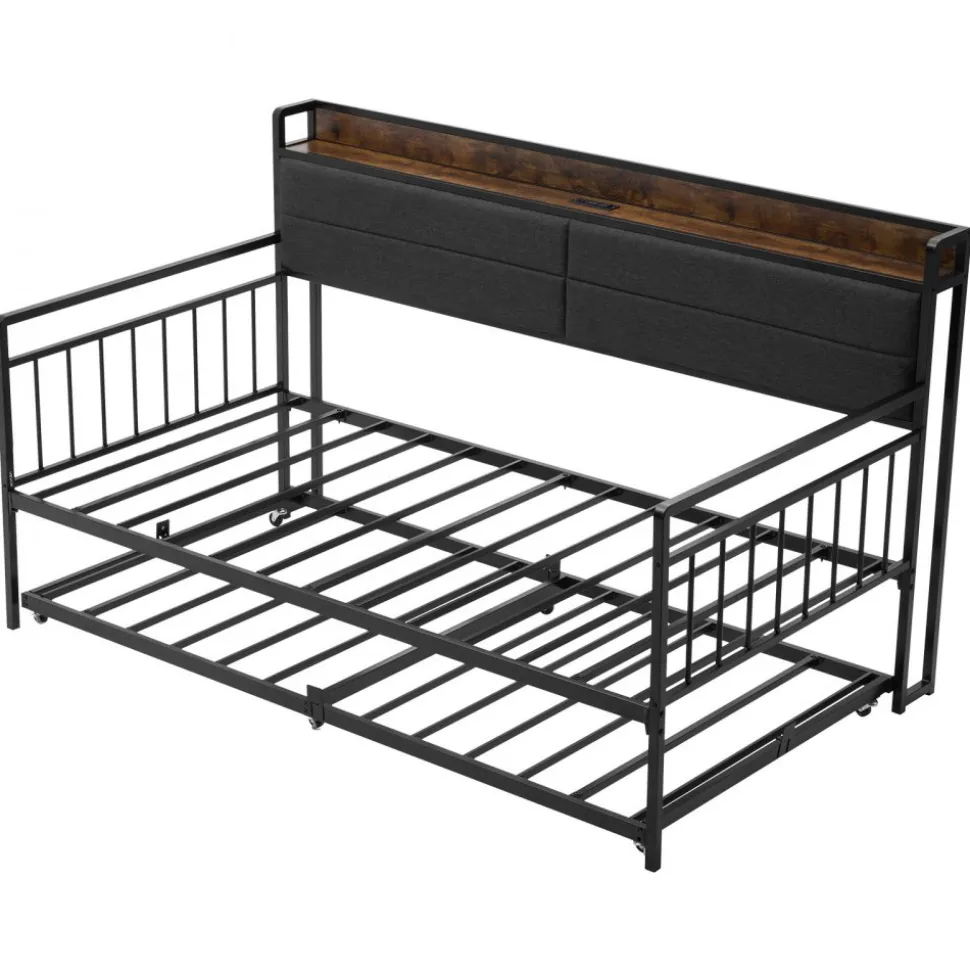VEVOR Twin Size Daybed Frame, Day Bed with Trundle, Heavy Duty Metal Platform Bed Frame with Charging Station, Twin Daybed with Metal Slats Support for Living Room, Bedroom, Guest Room, Easy Assembly