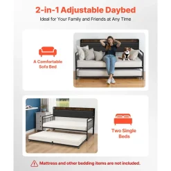 VEVOR Twin Size Daybed Frame, Day Bed with Trundle, Heavy Duty Metal Platform Bed Frame with Charging Station, Twin Daybed with Metal Slats Support for Living Room, Bedroom, Guest Room, Easy Assembly