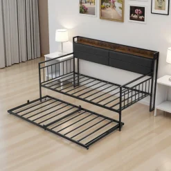 VEVOR Twin Size Daybed Frame, Day Bed with Trundle, Heavy Duty Metal Platform Bed Frame with Charging Station, Twin Daybed with Metal Slats Support for Living Room, Bedroom, Guest Room, Easy Assembly