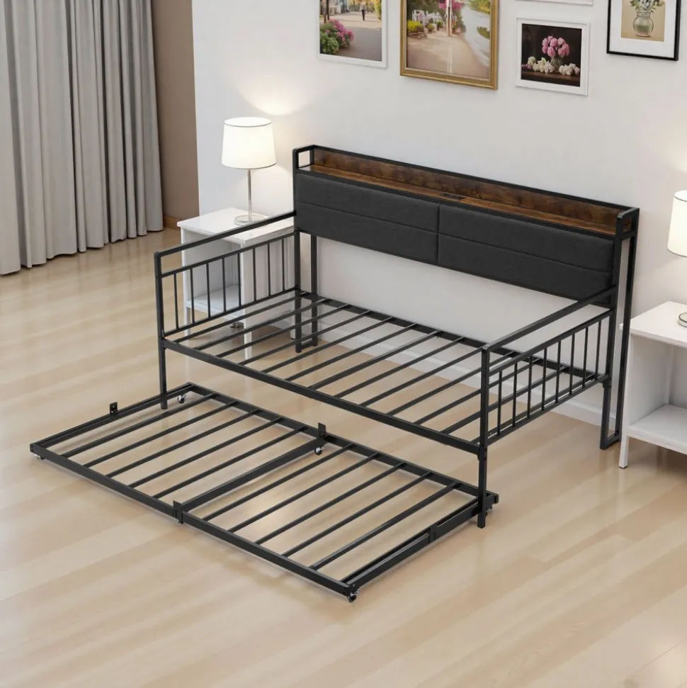 VEVOR Twin Size Daybed Frame, Day Bed with Trundle, Heavy Duty Metal Platform Bed Frame with Charging Station, Twin Daybed with Metal Slats Support for Living Room, Bedroom, Guest Room, Easy Assembly