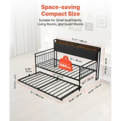 VEVOR Twin Size Daybed Frame, Day Bed with Trundle, Heavy Duty Metal Platform Bed Frame with Charging Station, Twin Daybed with Metal Slats Support for Living Room, Bedroom, Guest Room, Easy Assembly
