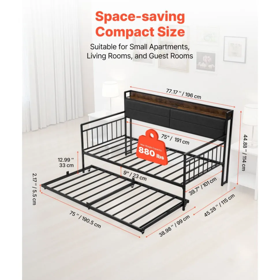 VEVOR Twin Size Daybed Frame, Day Bed with Trundle, Heavy Duty Metal Platform Bed Frame with Charging Station, Twin Daybed with Metal Slats Support for Living Room, Bedroom, Guest Room, Easy Assembly