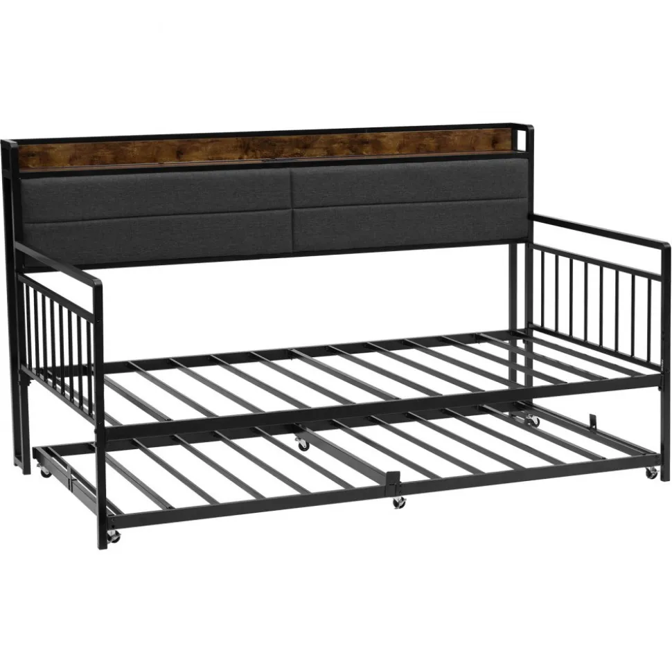 VEVOR Twin Size Daybed Frame, Day Bed with Trundle, Heavy Duty Metal Platform Bed Frame with Charging Station, Twin Daybed with Metal Slats Support for Living Room, Bedroom, Guest Room, Easy Assembly