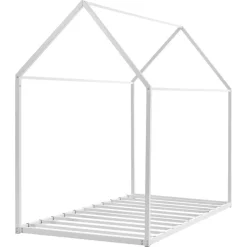 VEVOR Twin Size House Bed Frame, Metal Kids Floor Bed Frame with Roof, Heavy Duty Steel Slats Support, House Shape Bedframe for Girls and Boys, No Box Spring Needed, Easy Assembly, White