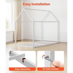 VEVOR Twin Size House Bed Frame, Metal Kids Floor Bed Frame with Roof, Heavy Duty Steel Slats Support, House Shape Bedframe for Girls and Boys, No Box Spring Needed, Easy Assembly, White