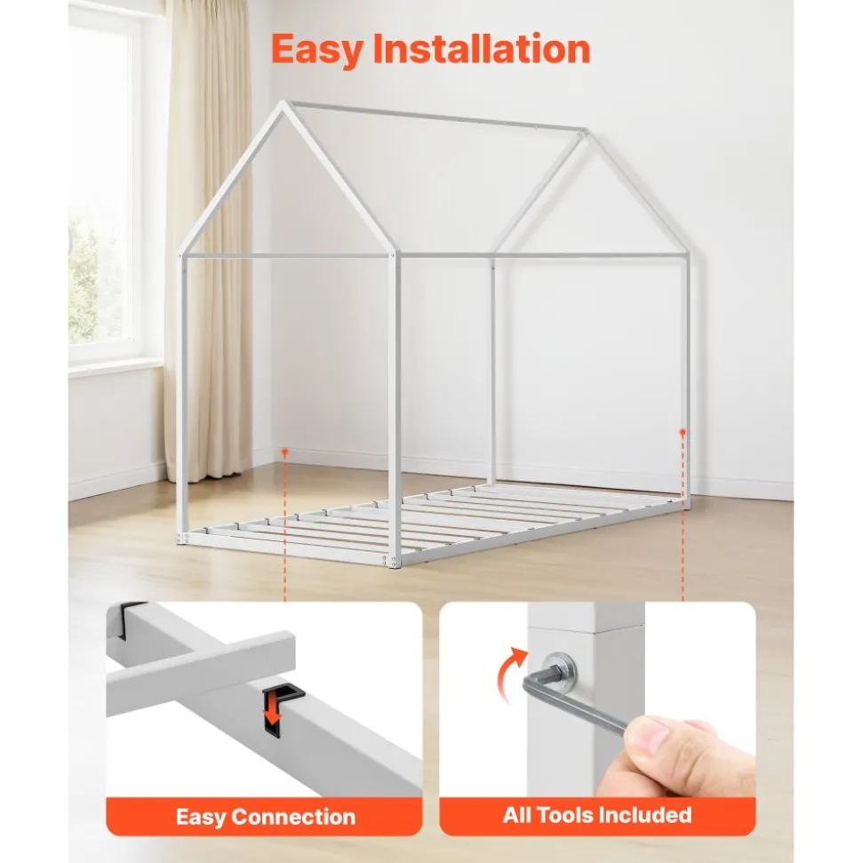 VEVOR Twin Size House Bed Frame, Metal Kids Floor Bed Frame with Roof, Heavy Duty Steel Slats Support, House Shape Bedframe for Girls and Boys, No Box Spring Needed, Easy Assembly, White