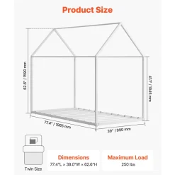 VEVOR Twin Size House Bed Frame, Metal Kids Floor Bed Frame with Roof, Heavy Duty Steel Slats Support, House Shape Bedframe for Girls and Boys, No Box Spring Needed, Easy Assembly, White