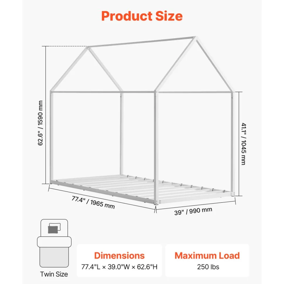 VEVOR Twin Size House Bed Frame, Metal Kids Floor Bed Frame with Roof, Heavy Duty Steel Slats Support, House Shape Bedframe for Girls and Boys, No Box Spring Needed, Easy Assembly, White