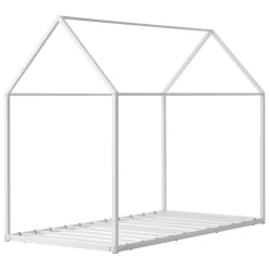 VEVOR Twin Size House Bed Frame, Metal Kids Floor Bed Frame with Roof, Heavy Duty Steel Slats Support, House Shape Bedframe for Girls and Boys, No Box Spring Needed, Easy Assembly, White