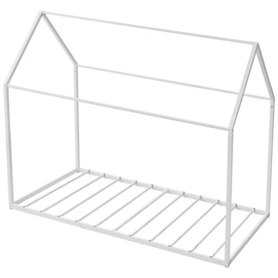 VEVOR Twin Size House Bed Frame, Metal Kids Floor Bed Frame with Roof, Heavy Duty Steel Slats Support, House Shape Bedframe for Girls and Boys, No Box Spring Needed, Easy Assembly, White