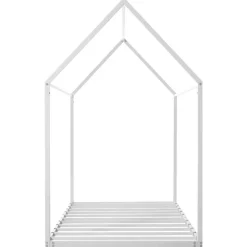 VEVOR Twin Size House Bed Frame, Metal Kids Floor Bed Frame with Roof, Heavy Duty Steel Slats Support, House Shape Bedframe for Girls and Boys, No Box Spring Needed, Easy Assembly, White