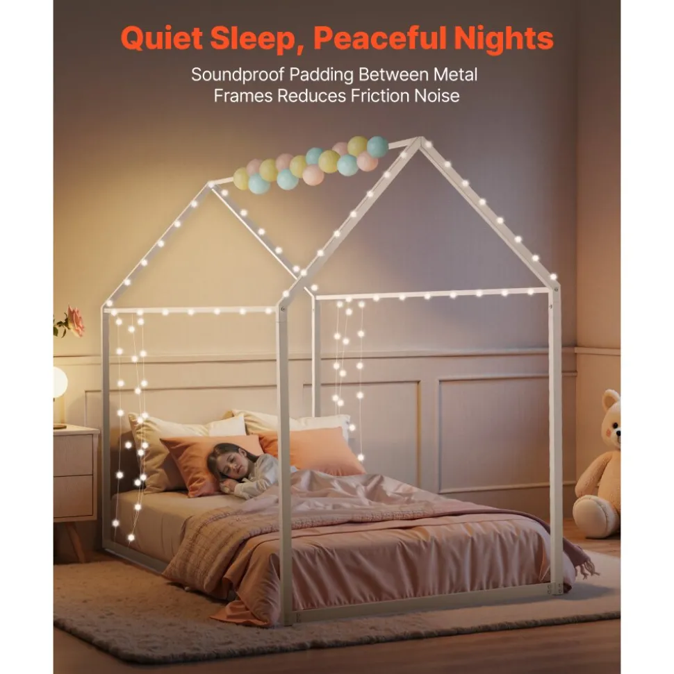 VEVOR Twin Size House Bed Frame, Metal Kids Floor Bed Frame with Roof, Heavy Duty Steel Slats Support, House Shape Bedframe for Girls and Boys, No Box Spring Needed, Easy Assembly, White