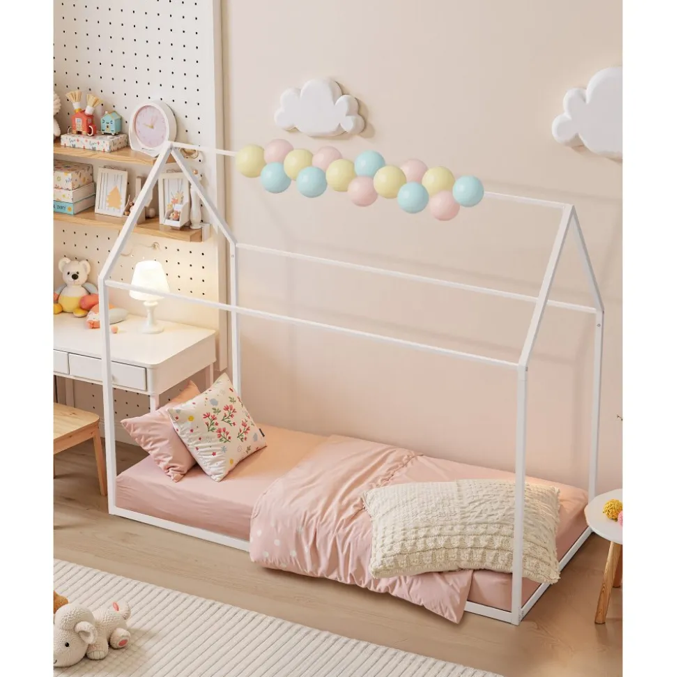 VEVOR Twin Size House Bed Frame, Metal Kids Floor Bed Frame with Roof, Heavy Duty Steel Slats Support, House Shape Bedframe for Girls and Boys, No Box Spring Needed, Easy Assembly, White